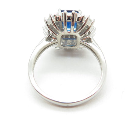 DSMK 925 Sterling Silver Radiant-Cut Nano Sapphire & Round-Cut C Z Ring Size 7