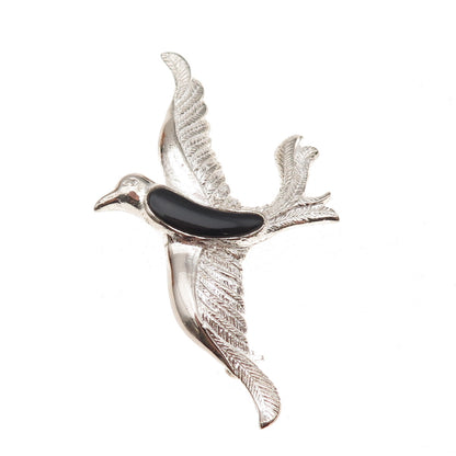 925 Sterling Silver Vintage Real Black Onyx Flying Bird Pin Brooch