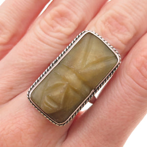 925 Sterling Silver Vintage Real Jade Carved Aztec God Face Ring Size 6.5
