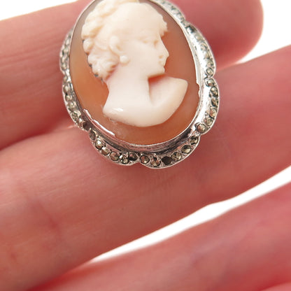 925 Sterling Silver Antique Art Deco Real MOP & Marcasite Lady Cameo Ring Size 9