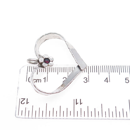 DIDAE 925 Sterling Silver Vintage Real Rhodolite Modernist Flower Heart Pendant