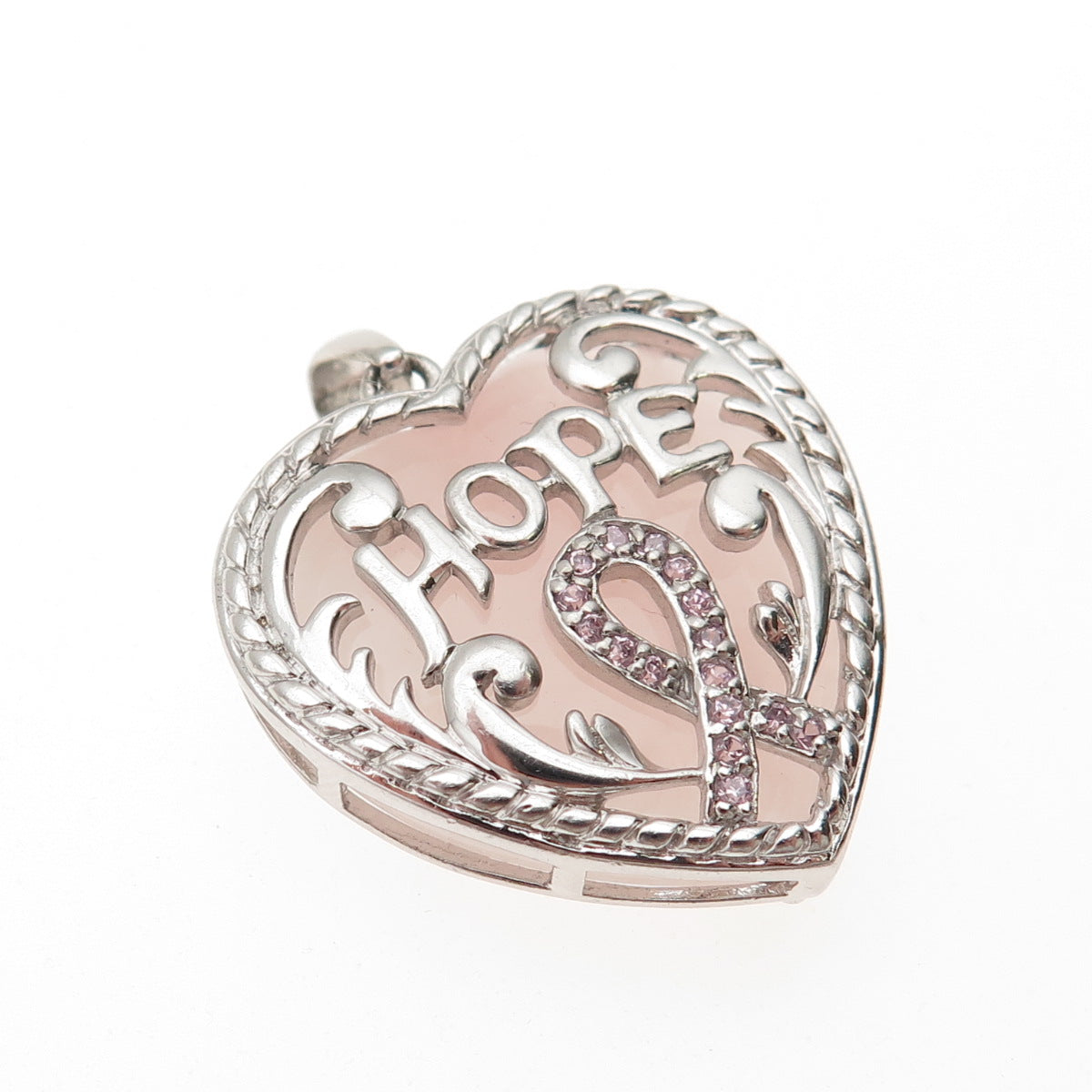925 Sterling Real Rose Quartz & C Z Breast Cancer Awareness Hope Heart Pendant