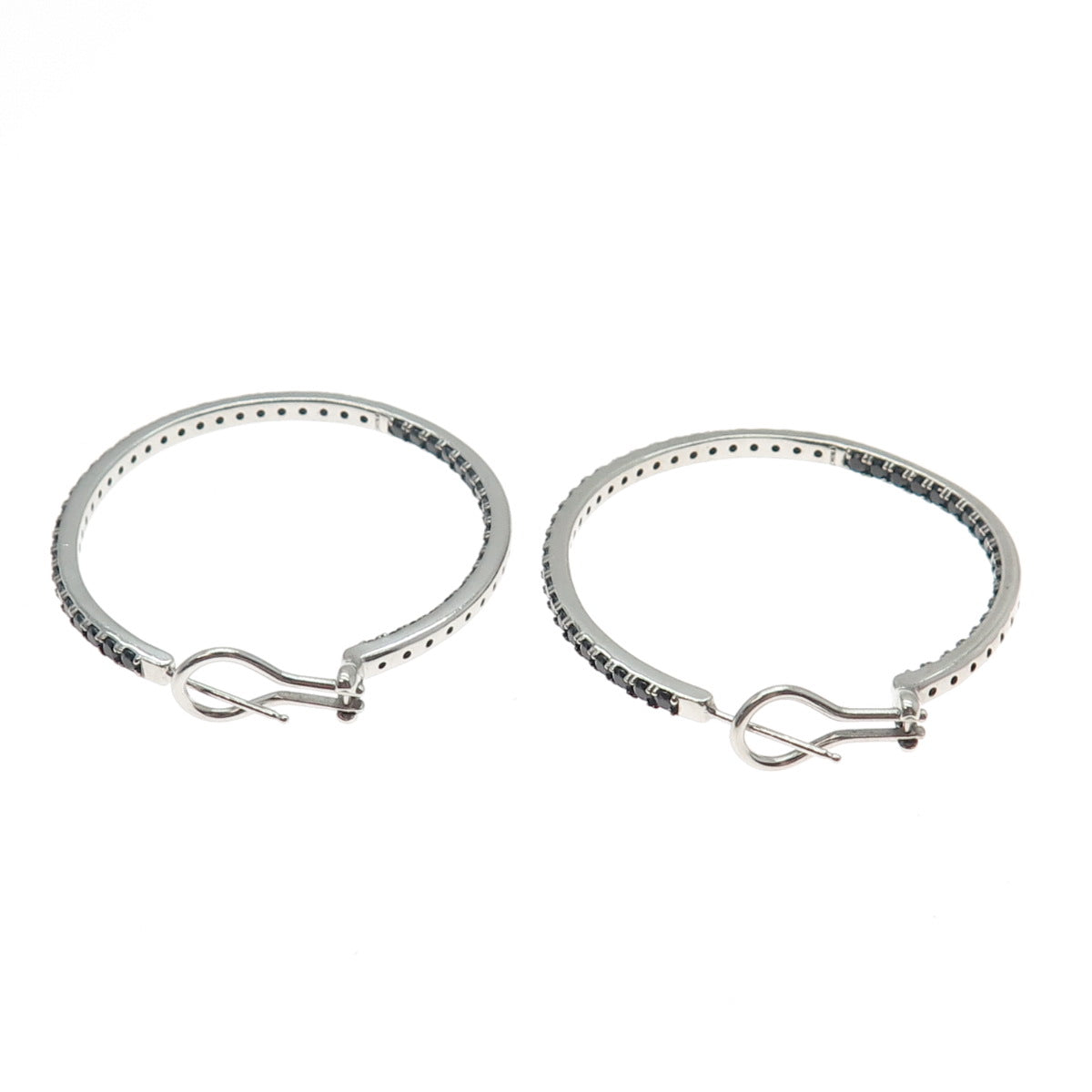 925 Sterling Silver Real Round-Cut Black Spinel In & Out Hoop Earrings