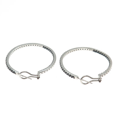 925 Sterling Silver Real Round-Cut Black Spinel In & Out Hoop Earrings