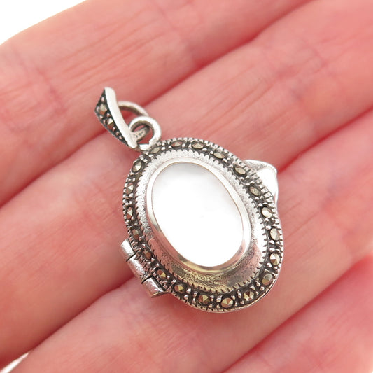 925 Sterling Silver Vintage Real MOP & Marcasite Locket Charm Pendant