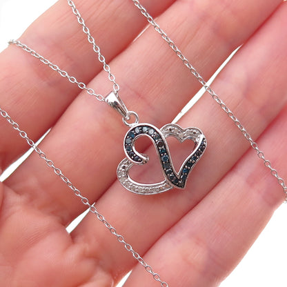 925 Sterling Silver Real Blue & White Diamond Heart Cable Chain Necklace 18"