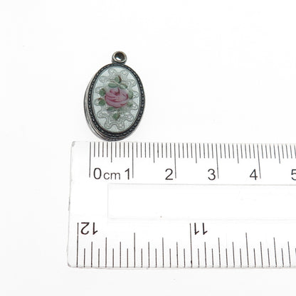 925 Sterling Silver Antique Enamel Rose Flower St. Mary Jesus Mini Slide Pendant