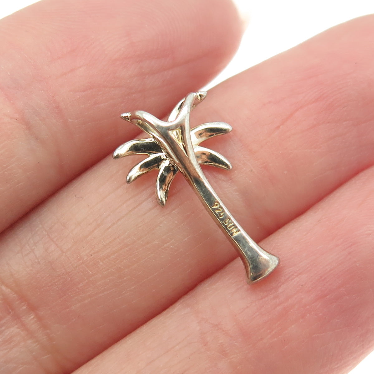 SUN 925 Sterling Silver 2-Tone Real Round-Cut Diamond Palm Tree Slide Pendant