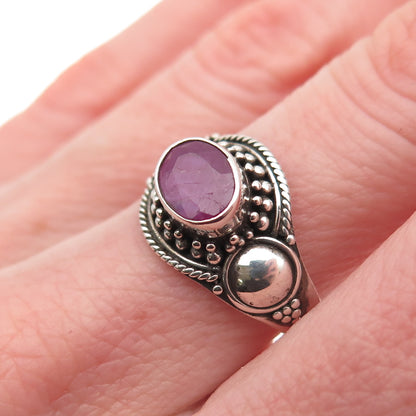 925 Sterling Silver Vintage Real Oval-Cut Ruby Beaded Oxidized Ring Size 7.75