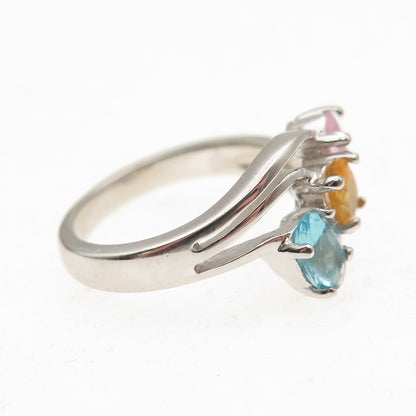 925 Sterling Silver Oval-Cut Multi-Color C Z Bypass Ring Size 6.25