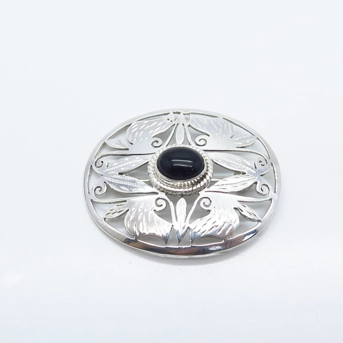 925 Sterling Silver Vintage Real Black Onyx Gemstone Ornate Leaf Pin Brooch