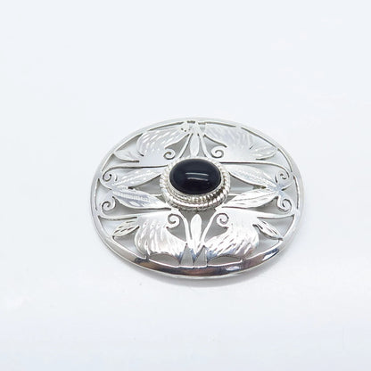 925 Sterling Silver Vintage Real Black Onyx Gemstone Ornate Leaf Pin Brooch