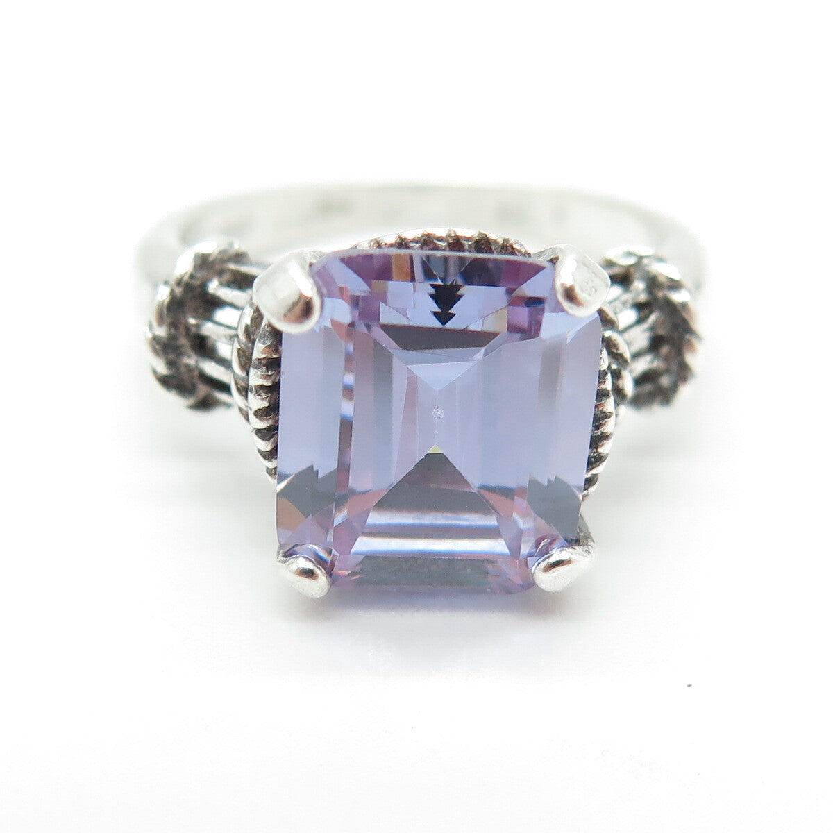 925 Sterling Silver Vintage Emerald-Cut Purple C Z Ring Size 9.75