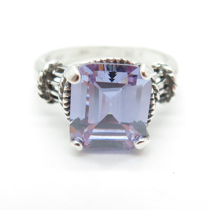 925 Sterling Silver Vintage Emerald-Cut Purple C Z Ring Size 9.75