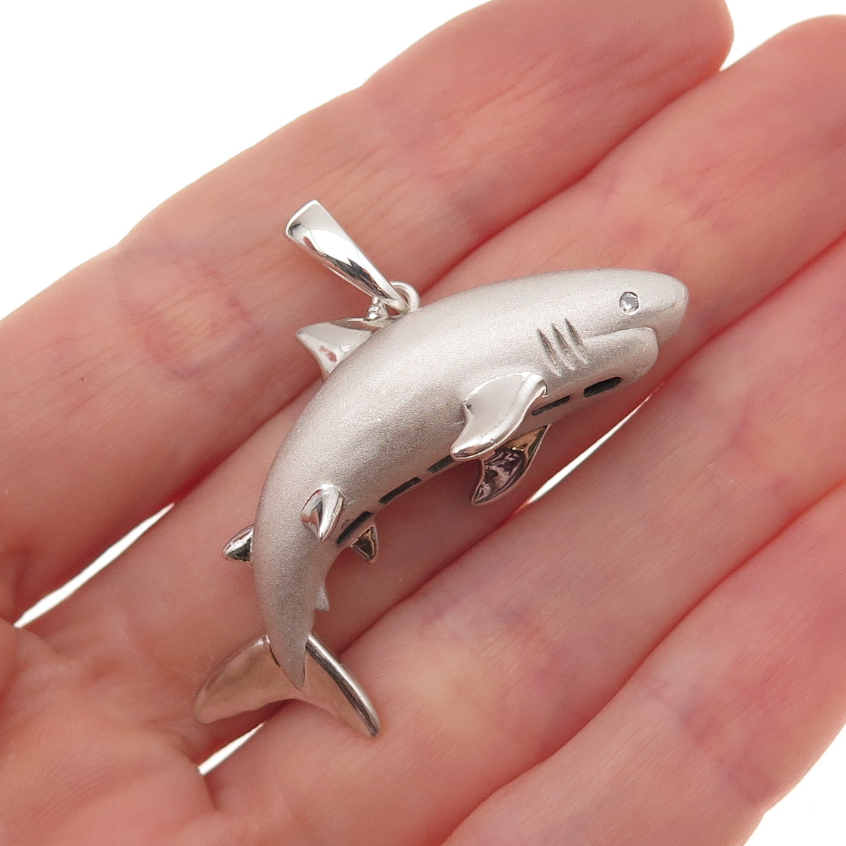 925 Sterling Silver Vintage C Z Great White Shark 3D Pendant