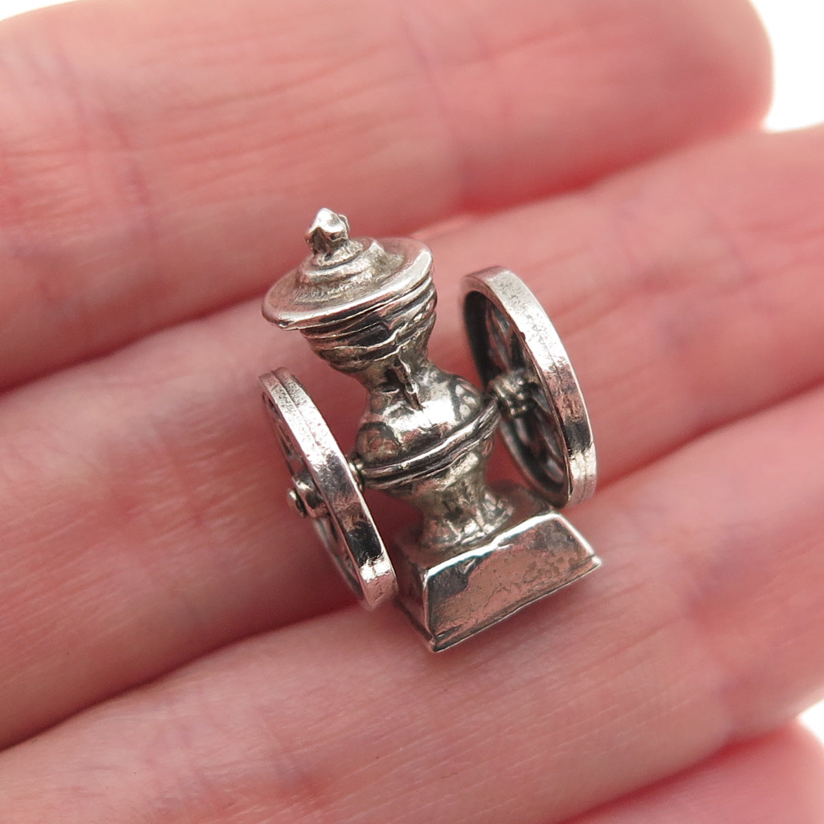 925 Sterling Silver Vintage Coffee Grinder Oxidized 3D Mini Open Charm Pendant