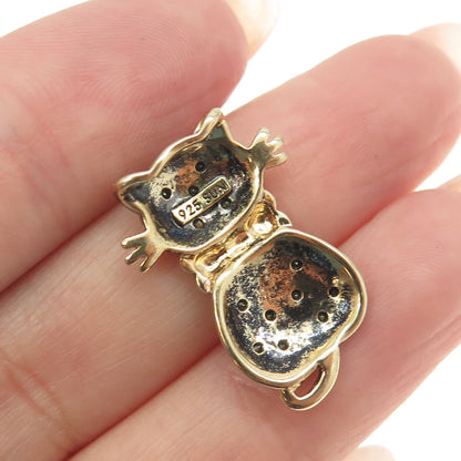 SUN 925 Sterling Silver Gold Plated Real Round-Cut Black Diamond Cat Pendant