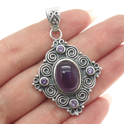 925 Sterling Silver Vintage Real Amethyst Gemstone Ethnic / Boho Pendant