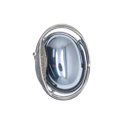 925 Sterling Silver Vintage Real Hematite Modernist Floral Leaf Pin Brooch