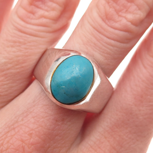 925 Sterling Silver Vintage Mexico Real Turquoise Oxidized Ring Size 10.75