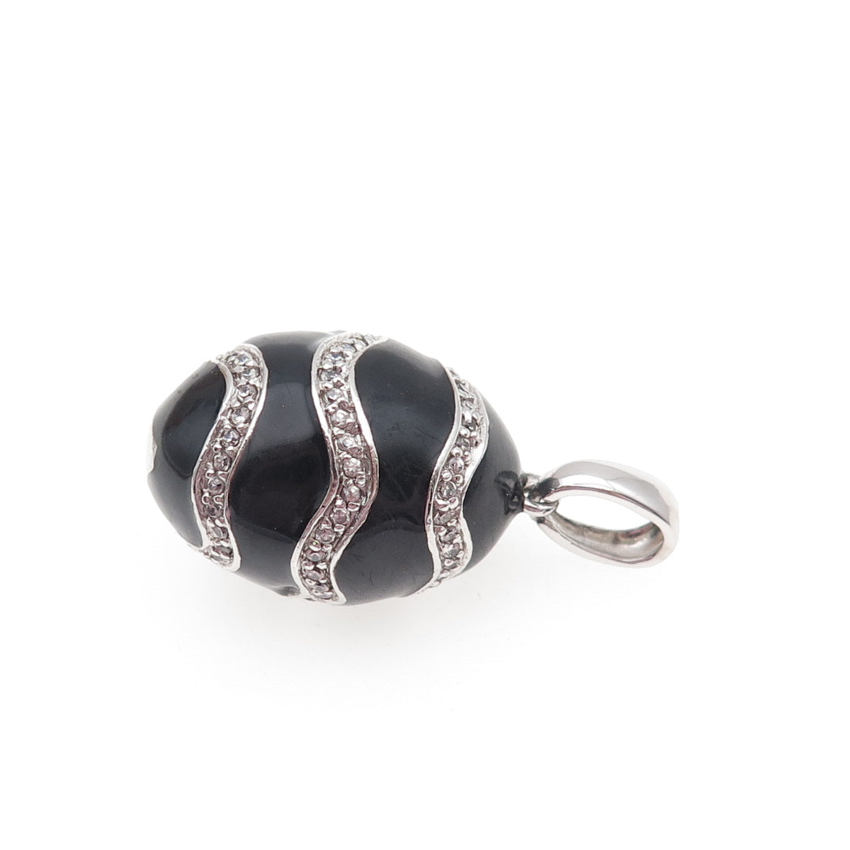 925 Sterling Silver Black Enamel Round-Cut C Z Easter Egg Charm Pendant