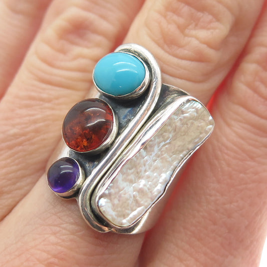 JAY KING DESERT ROSE 925 Sterling Vintage Pearl & Multi-Color Gem Ring Size 7.25