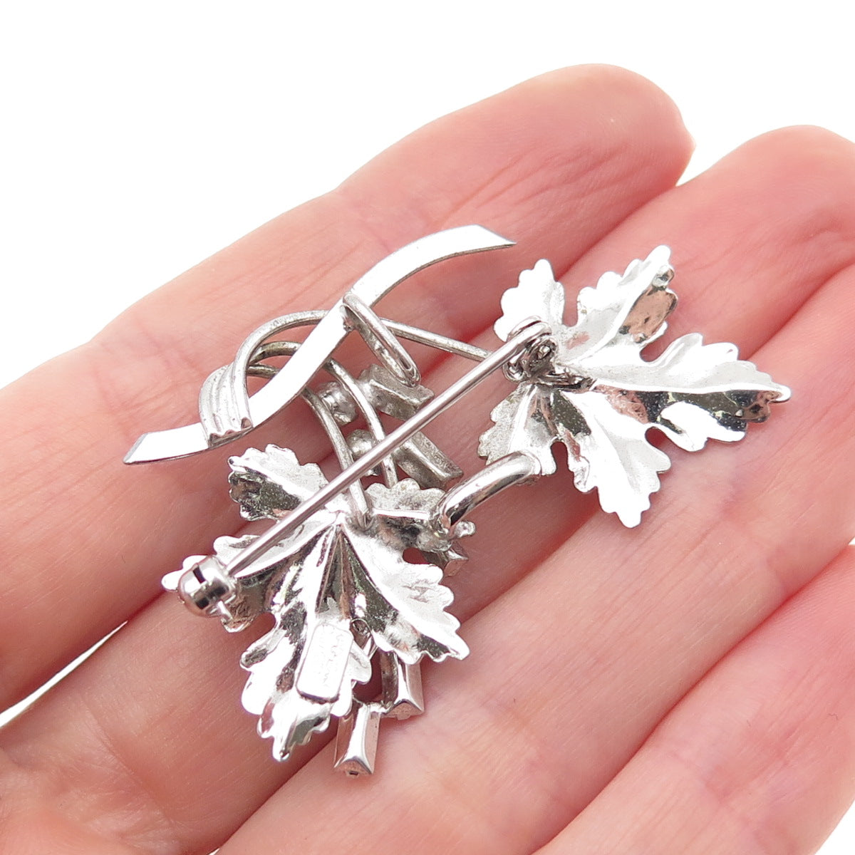 CARL ART Sterling Silver Antique Art Deco Blue & White Rhinestone Floral Brooch