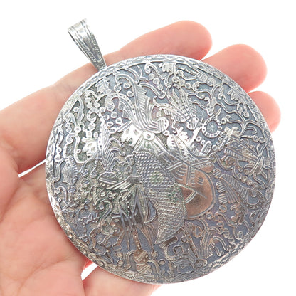 900 Silver Vintage Aztec God Oxidized Large Pin Brooch / Pendant