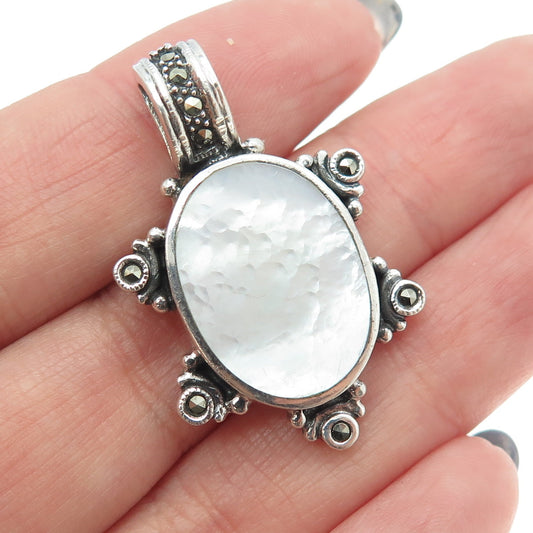 925 Sterling Silver Vintage Real Mother-of-Pearl & Marcasite Floral Pendant