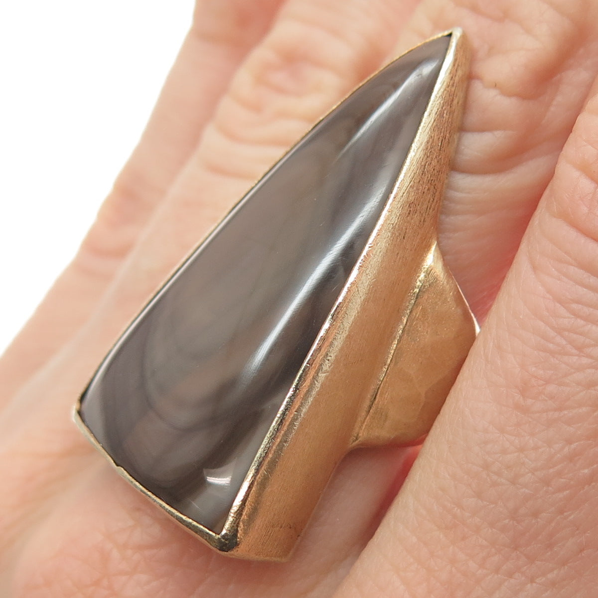 HANNAH BLOUNT 925 Sterling Silver Gold Plated Vintage Real Agate Ring Size 7