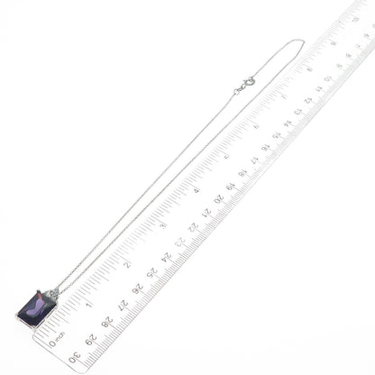 925 Sterling Silver Real Radiant-Cut Amethyst & C Z Cable Chain Necklace 16"