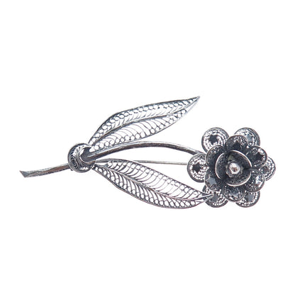 925 Sterling Silver Vintage Flower Filigree Oxidized Pin Brooch