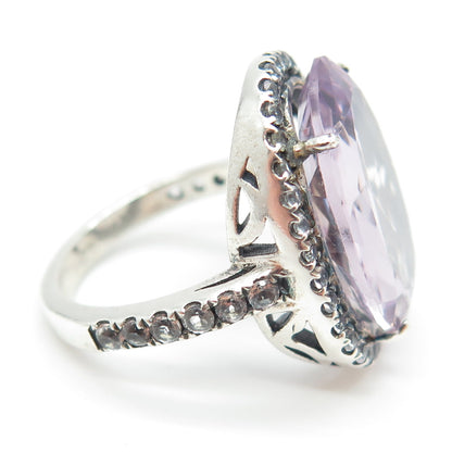 925 Sterling Silver Real White Topaz & Amethyst Gemstone Ring Size 8.25