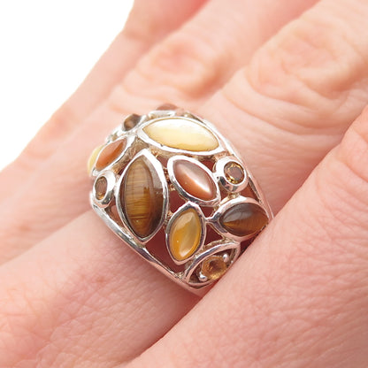 925 Sterling Silver Vintage Real Tiger Eye Citrine & MOP Cluster Ring Size 6