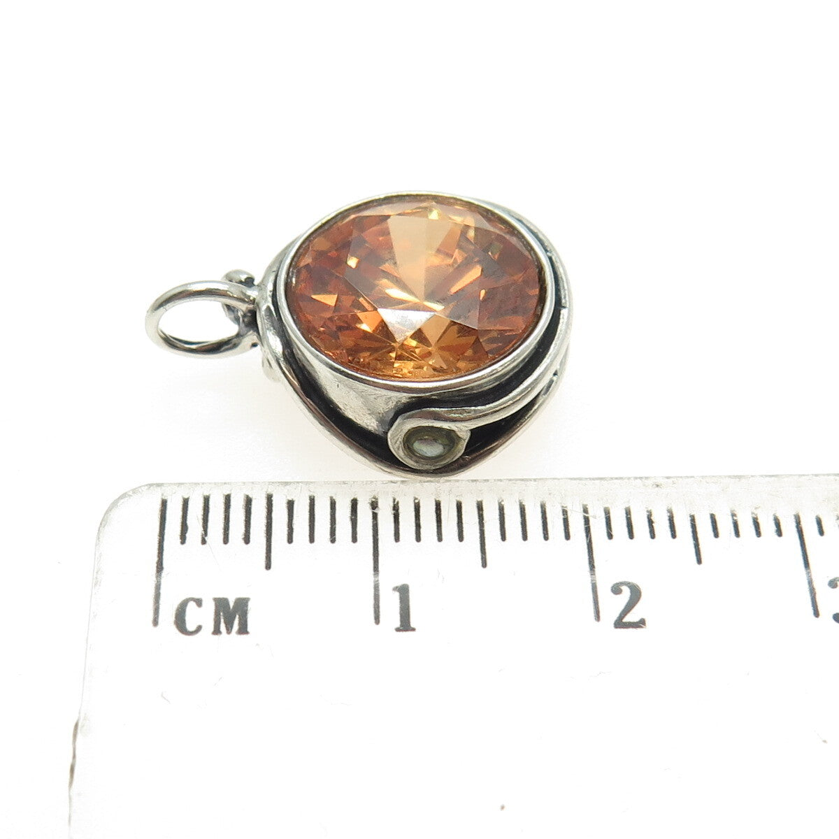 925 Sterling Silver Vintage Real Pearl & Cognac C Z Oxidized Minimalist Pendant