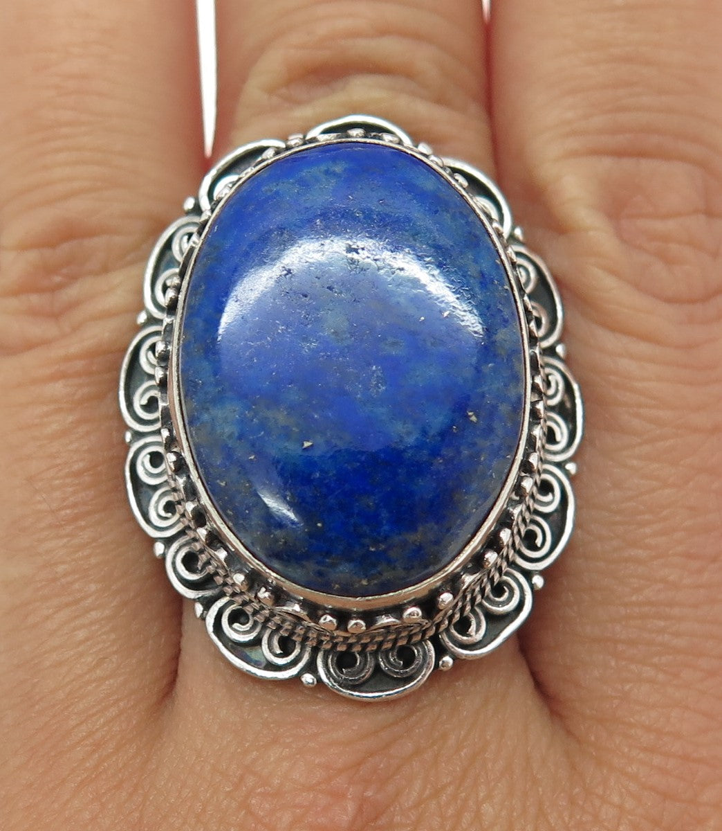 925 Sterling Silver Vintage Real Cabochon Lapis Lazuli Swirl Ring Size 7.75