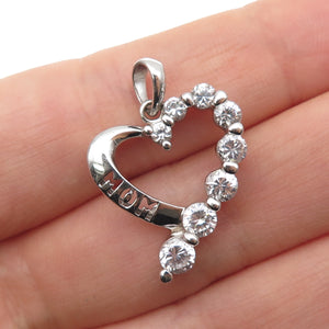 925 Sterling Silver Graduated Round-Cut C Z Mom Heart Charm Pendant
