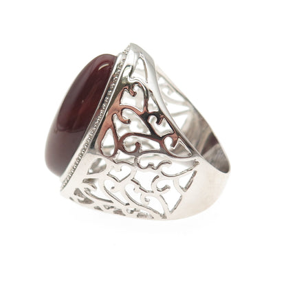 Ken Crafts 925 Sterling Silver Real Red Agate Floral Scroll Ring Size 9