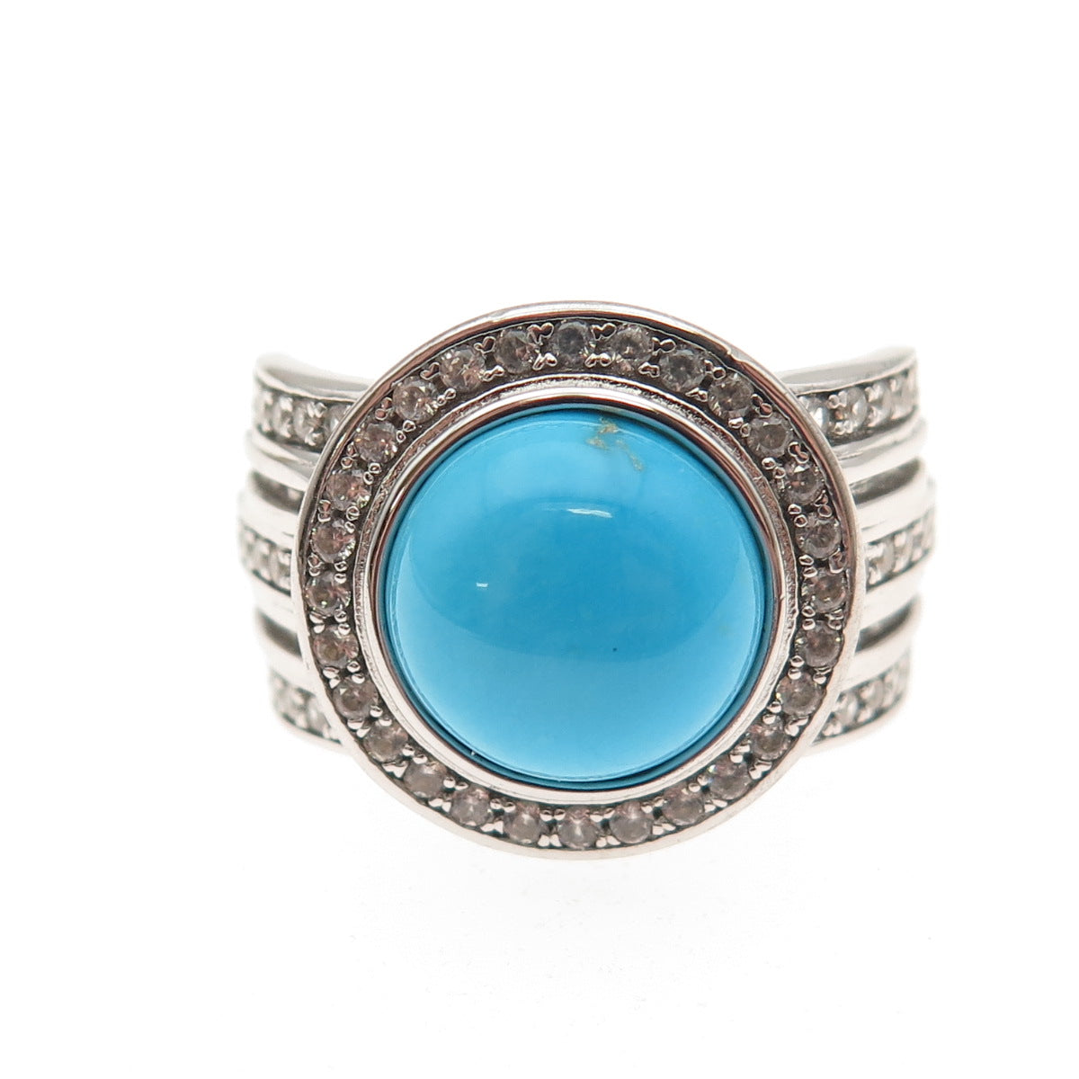 925 Sterling Silver Real Sleeping Beauty Turquoise & White Topaz Ring Size 8