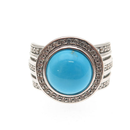 925 Sterling Silver Real Sleeping Beauty Turquoise & White Topaz Ring Size 8