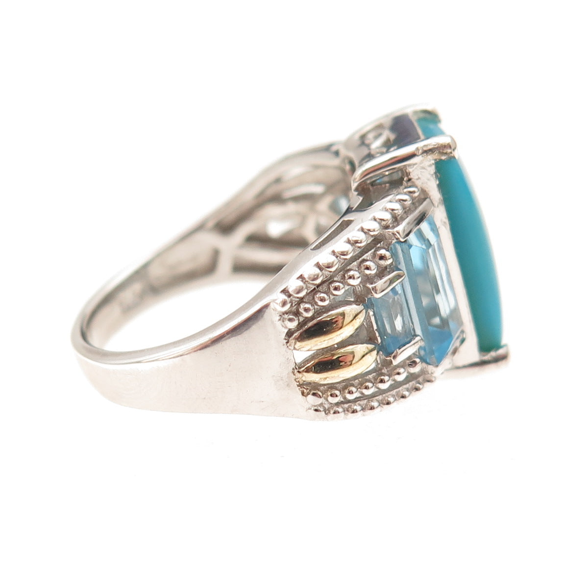 Chuck Clemency 925 Sterling Silver Real Turquoise & Blue Topaz Ring Size 8.25