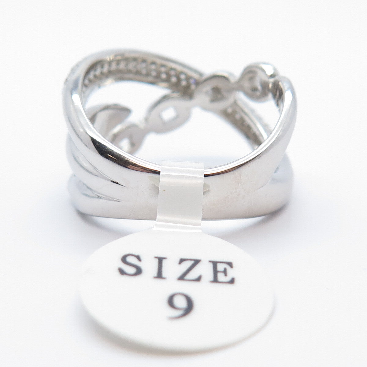 925 Sterling Silver Pave C Z Chain Crossover Ring Size 9