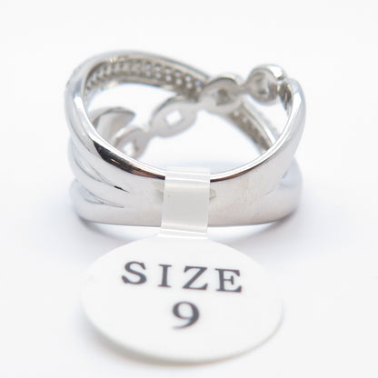 925 Sterling Silver Pave C Z Chain Crossover Ring Size 9