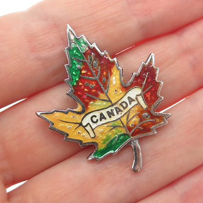 925 Sterling Silver Vintage Enamel Canada Maple Leaf Pin Brooch
