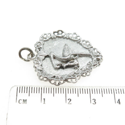 ARTS ELEGANCE 925 Sterling Silver Antique Art Deco Stork Bird Baby Heart Pendant