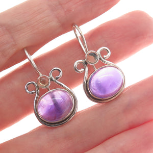 925 Sterling Silver Vintage Real Amethyst Gemstone & Clear Glass Earrings