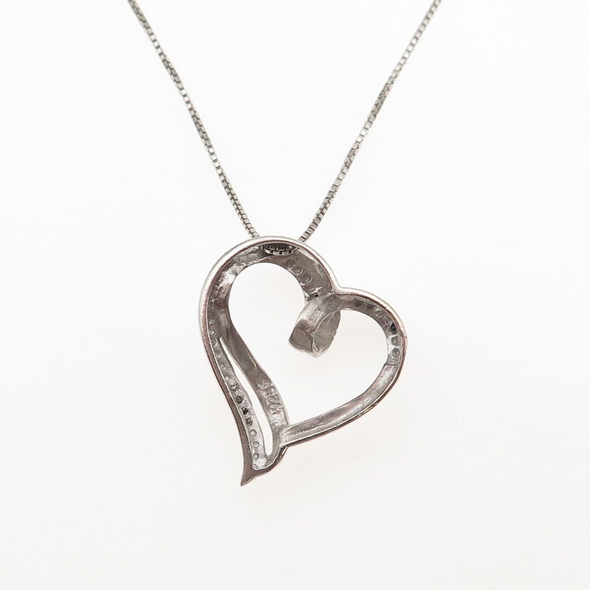 925 Sterling Silver Real Black & White Diamond Heart Box Chain Necklace 18"