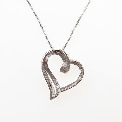 925 Sterling Silver Real Black & White Diamond Heart Box Chain Necklace 18"