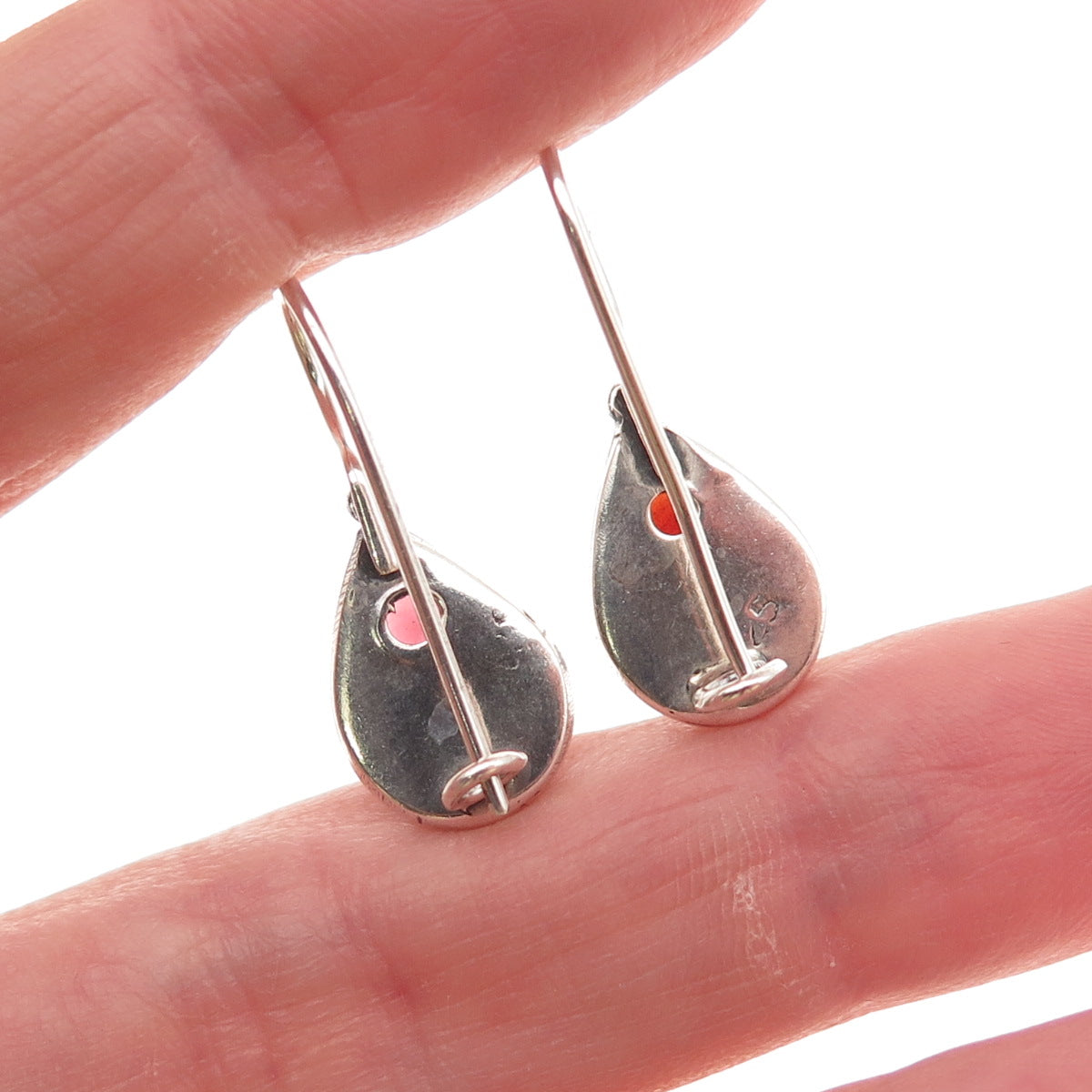 925 Sterling Silver Vintage Real Red Garnet Teardrop Oxidized Dangle Earrings