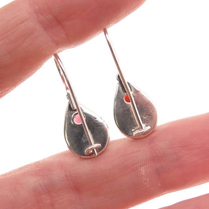 925 Sterling Silver Vintage Real Red Garnet Teardrop Oxidized Dangle Earrings